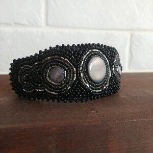 Soft comfortable beaded wide bracelet cuff black moonstone shell look